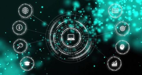Futuristic HUD Display with Rotating Laptop Icon and Data Elements
