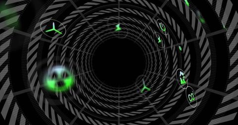 Futuristic Spiraling Data Vortex Pulling CO2, Radiation Trefoil and Emissions Glyphs