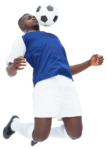 Dynamic football player jumping with soccer ball on transparent background
