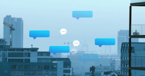 Digital communication concept with cityscape and speech bubbles