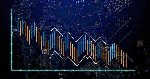 Futuristic trading dashboard showing candlestick bars and zigzag price trace on dark grid
