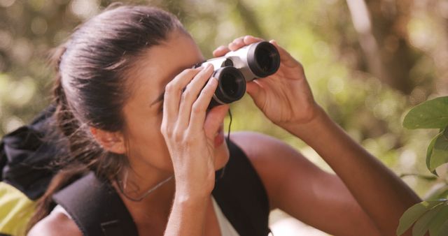 Young Woman Birdwatching with Binoculars in Forest - Download Free Stock Images Pikwizard.com