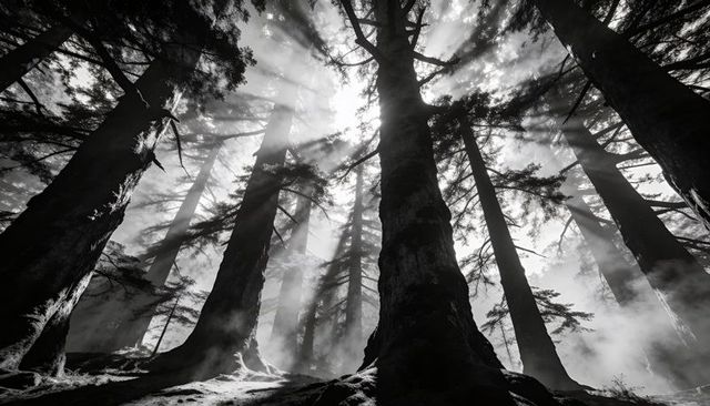 Sunbeams Piercing Mist Through Towering Conifer Trunks With Textured Bark and Roots