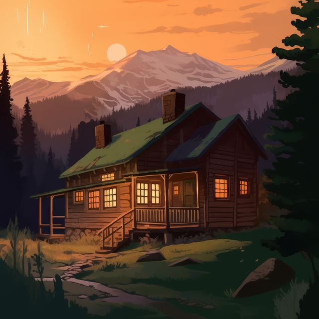 Wooden cabin with lit windows at sunset in mountains, created using generative ai technology - Download Free Stock Photos Pikwizard.com