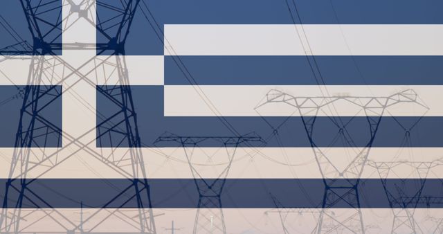 Greece Flag Overlay on Power Pylons Symbolizing Energy and Politics - Download Free Stock Images Pikwizard.com