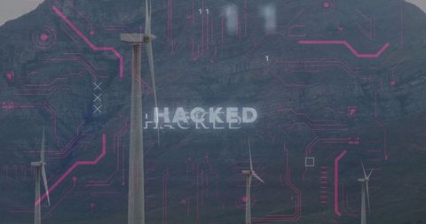Wind farm cybersecurity breach illustrated with tech overlay