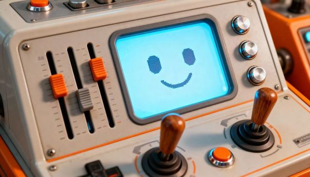 Retro control panel showing blue crt smiley with wooden joysticks and chrome knobs