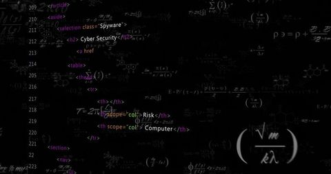 HTML Code and Math Formulas on Black Screen Representing Cybersecurity Concerns