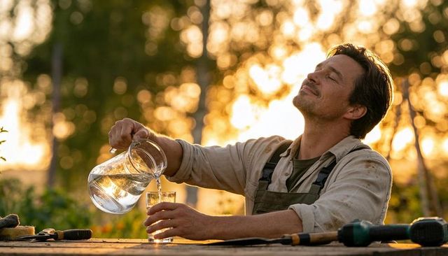 Handyman pouring water at sunset on rustic garden bench with drill and pitcher