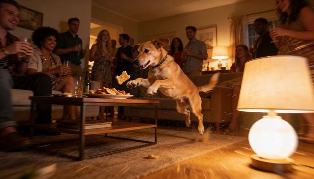 Leaping dog snatching chip at lively house party with laughing guests