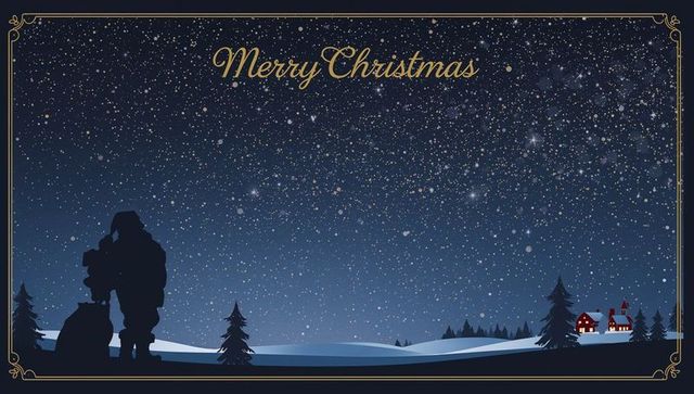 Starry winter night couple embracing silhouettes with snowy village and merry christmas