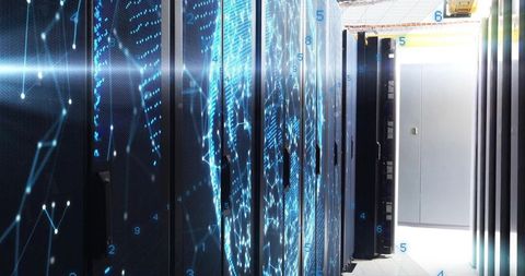 Futuristic data center server racks with digital overlay