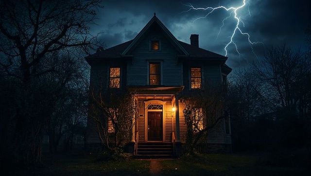Eerie victorian house with lightning in nighttime background