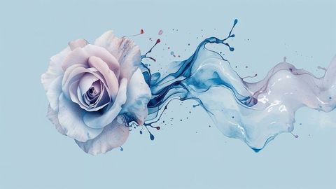 Pastel rose drawing blends with abstract blue swirls on digital canvas