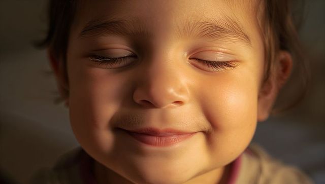 Sunlit preschool child smiling with closed eyes resting in cozy bedroom portrait