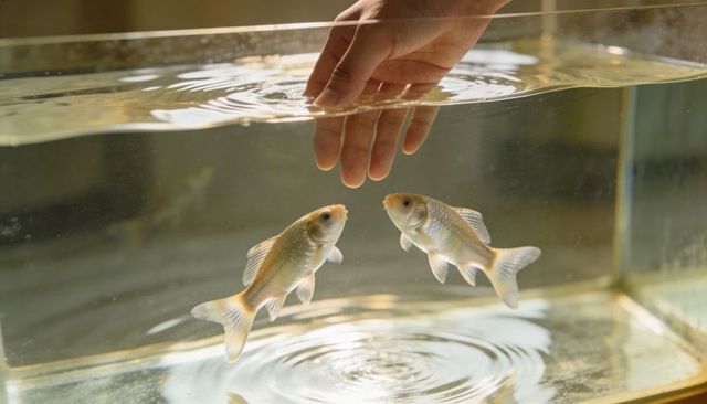Hand touching aquarium water with ripples and two goldfish swimming