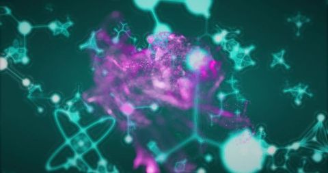 Holographic magenta nebula over cyan molecular network and particle grid