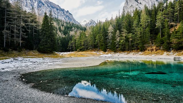 This scene captures the tranquil beauty of a clear mountain lake surrounded by an Alpine forest with snow-capped peaks in the background. Ideal for promoting travel destinations, outdoor activities, nature retreats, hiking spots, and eco-tourism.