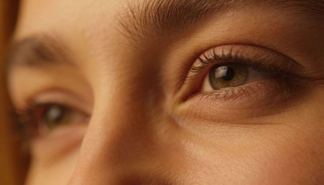 Gazing adult female hazel eye macro closeup showing skin texture and warm studio lighting