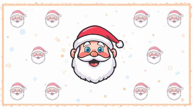 Smiling santa face center with repeating mini santa pattern and pastel confetti border