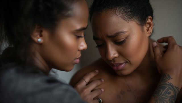 Sharing intimate moment comforting embrace between two women, leaning and holding shoulder