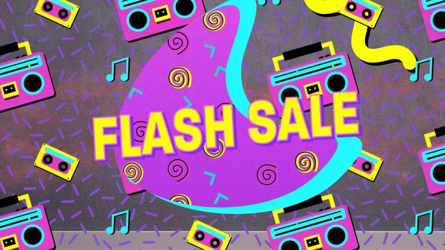 Colorful and vibrant flash sale announcement featuring retro music elements like boomboxes and cassette tapes. The bold and playful design is perfect for capturing attention and can be used for online shopping promotions, digital marketing campaigns, and social media posts to invoke 90s nostalgia and drive engagement.