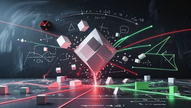 Futuristic Metallic Cube with Geometric Light and Equations