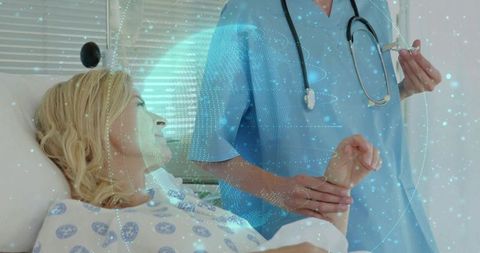 Healthcare professional checking patient's pulse in hospital room