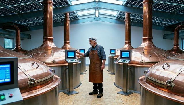 Craft brewer operating automated copper kettles in modern brewery