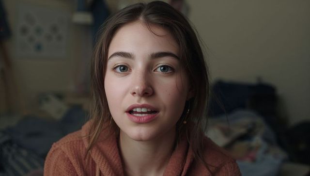 Woman in relaxation mode wearing burnt orange sweater in cozy bedroom