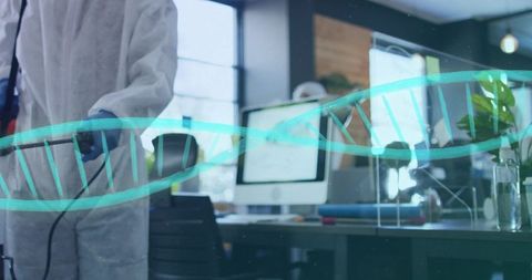 Technician in protective suit holding cable in modern open-plan lab with holographic dna helix