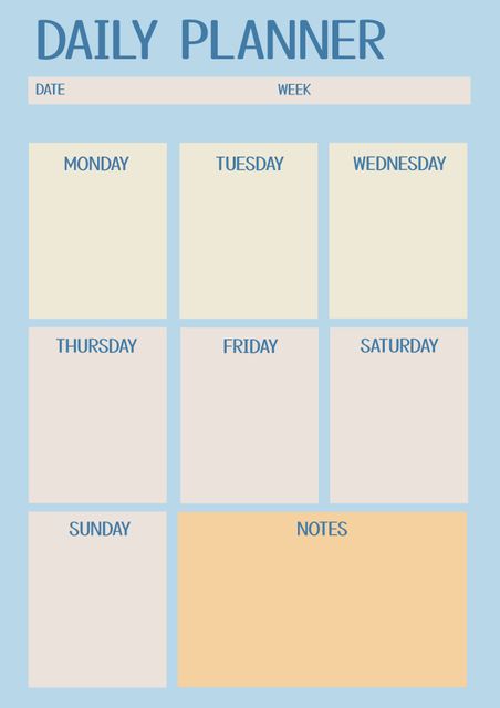 This pastel weekly planner layout with sections for each day of the week and a notes area helps organize tasks efficiently. Ideal for students, professionals, or anyone looking to improve time management. Use it to plan daily activities, meetings, to-do lists, and personal goals.