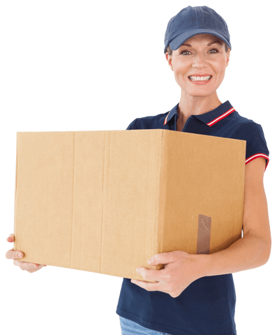 Transparent happy delivery woman holding box