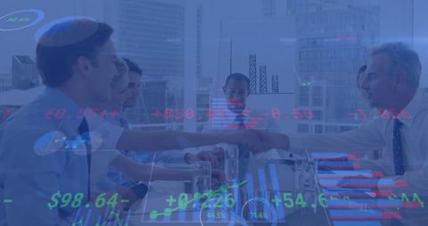 Business Team Meeting in Modern Office with Financial Data Overlay