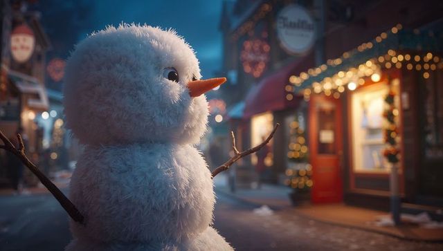 Charming Snowman with carrot nose extending twigs at dusk on a Festive Town Street