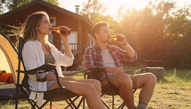 Couple enjoying sunset beers while camping beside cabin - relaxed outdoor glamping moment