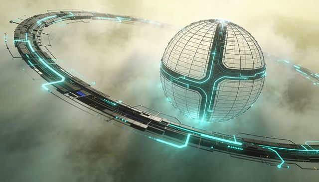 Hovering geodesic sphere with neon orbital ring over cloudscape, futuristic tech concept