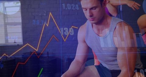 Male Athlete Tracking Performance Metrics in Gym with Graph Overlay and Weight Plates