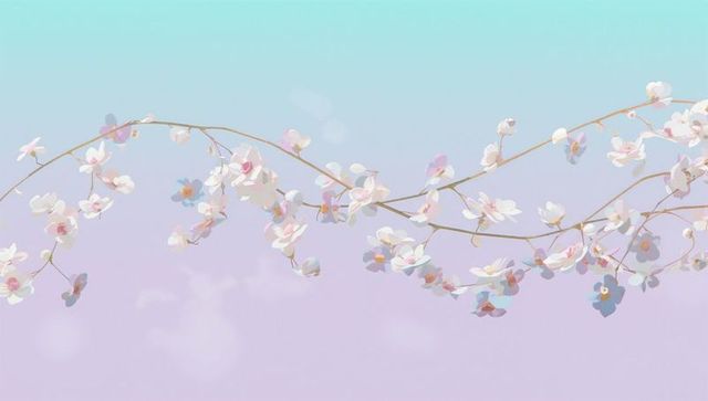 Delicate pastel flowering branch stretching across soft gradient sky with watercolor bokeh