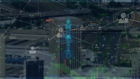 Digital Interface Animations Over City Traffic Highways