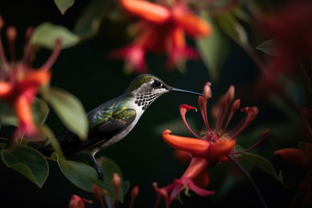 Hummingbird hovering by red flower in nature, created using generative ai technology. Beauty in nature, wildlife, agility and feeding concept digitally generated image.