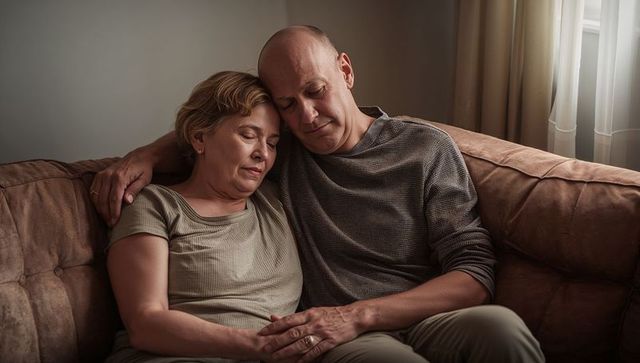 Middle-aged couple cuddling on couch showing wedding rings, sharing quiet intimate moment