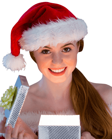 Transparent holiday santa costume present opening woman smiling