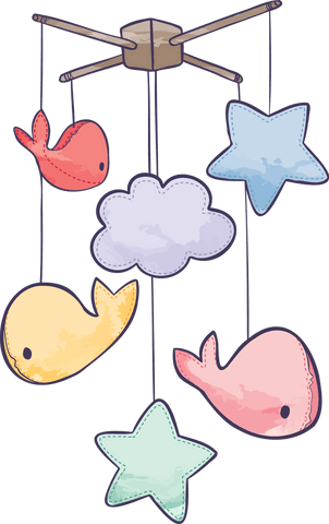 Colorful whimsical baby mobile on transparent background