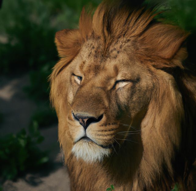 Close-up shot of a majestic lion basking in the sunlight, displaying its impressive mane and intense gaze. This imagery is perfect for wildlife conservation campaigns, educational materials on animals, travel brochures for safaris and national parks, and artistic prints showcasing the power and beauty of one of nature's most iconic predators.