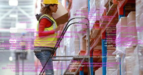 Warehouse Worker Retrieving Box Amid Data Overlay in Modern Facility