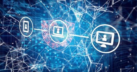 Digital Network Security Icons on Futuristic Blue Grid