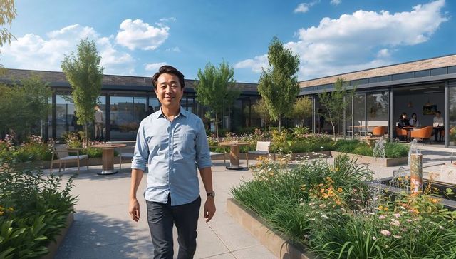 Asian man walking through modern rooftop office courtyard with greenery and fountain