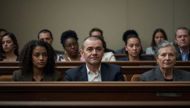 Diverse courtroom audience watching trial, man in dark suit seated on wooden bench