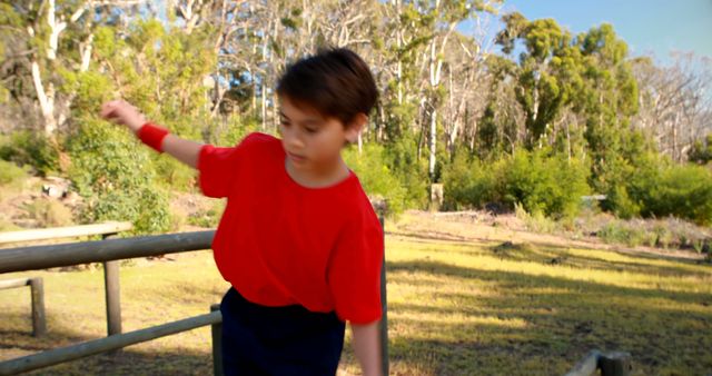 Young boy balances on a wooden fence in a sunlit park landscape. Ideal for use in educational materials, child safety guides, or promoting outdoor activities and exercise for children.
